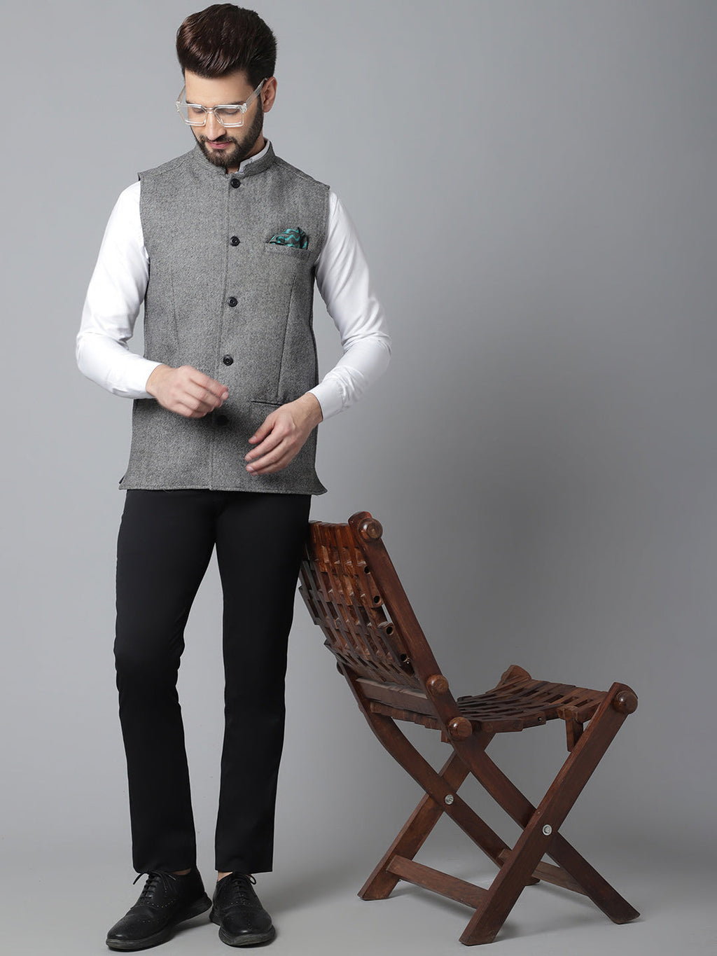 Even Apparels Men's Grey Pure Wool Nehru Jacket