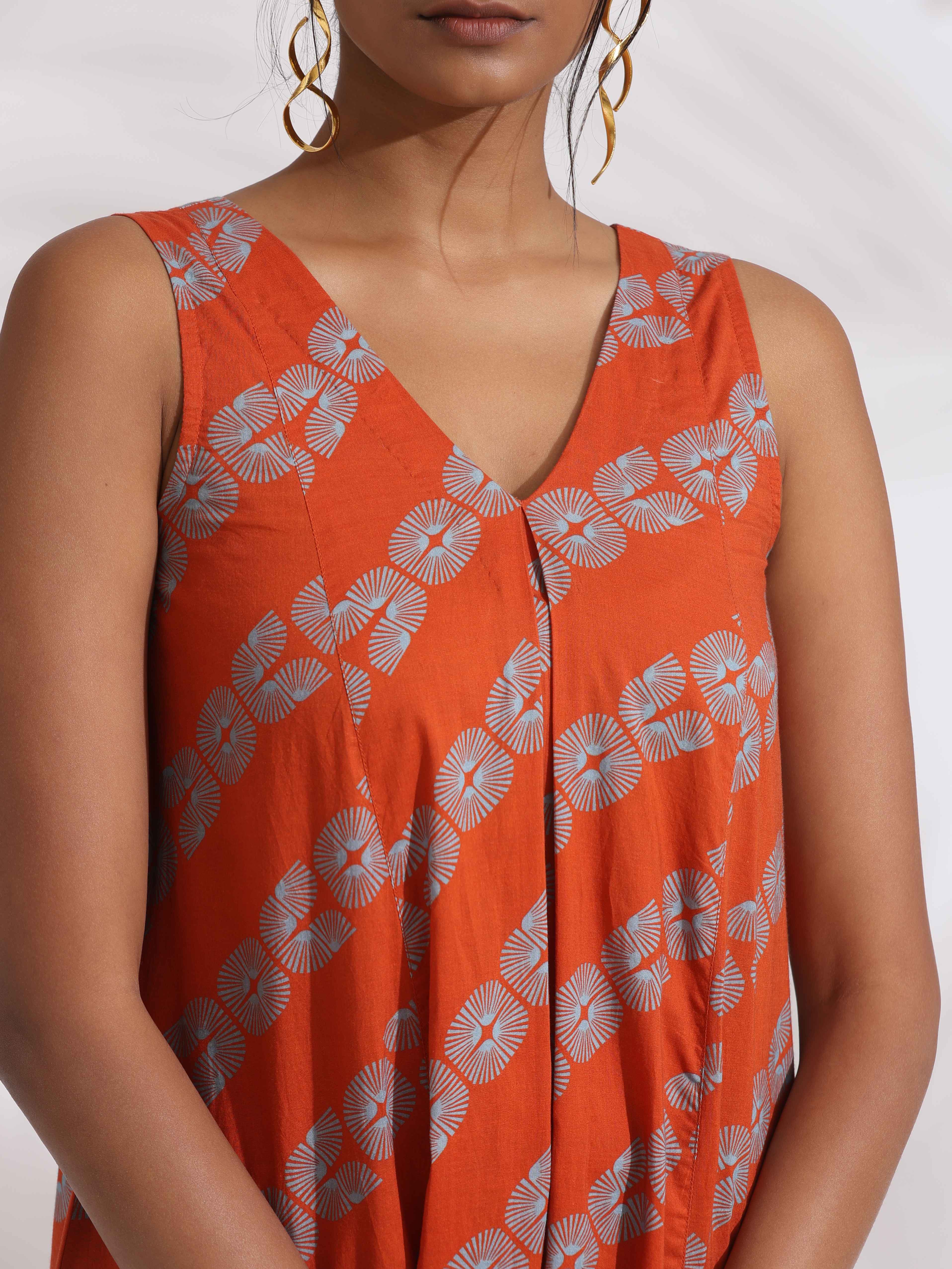 trueBrowns Orange Cotton Print Sleeveless Kurta Set - Distacart
