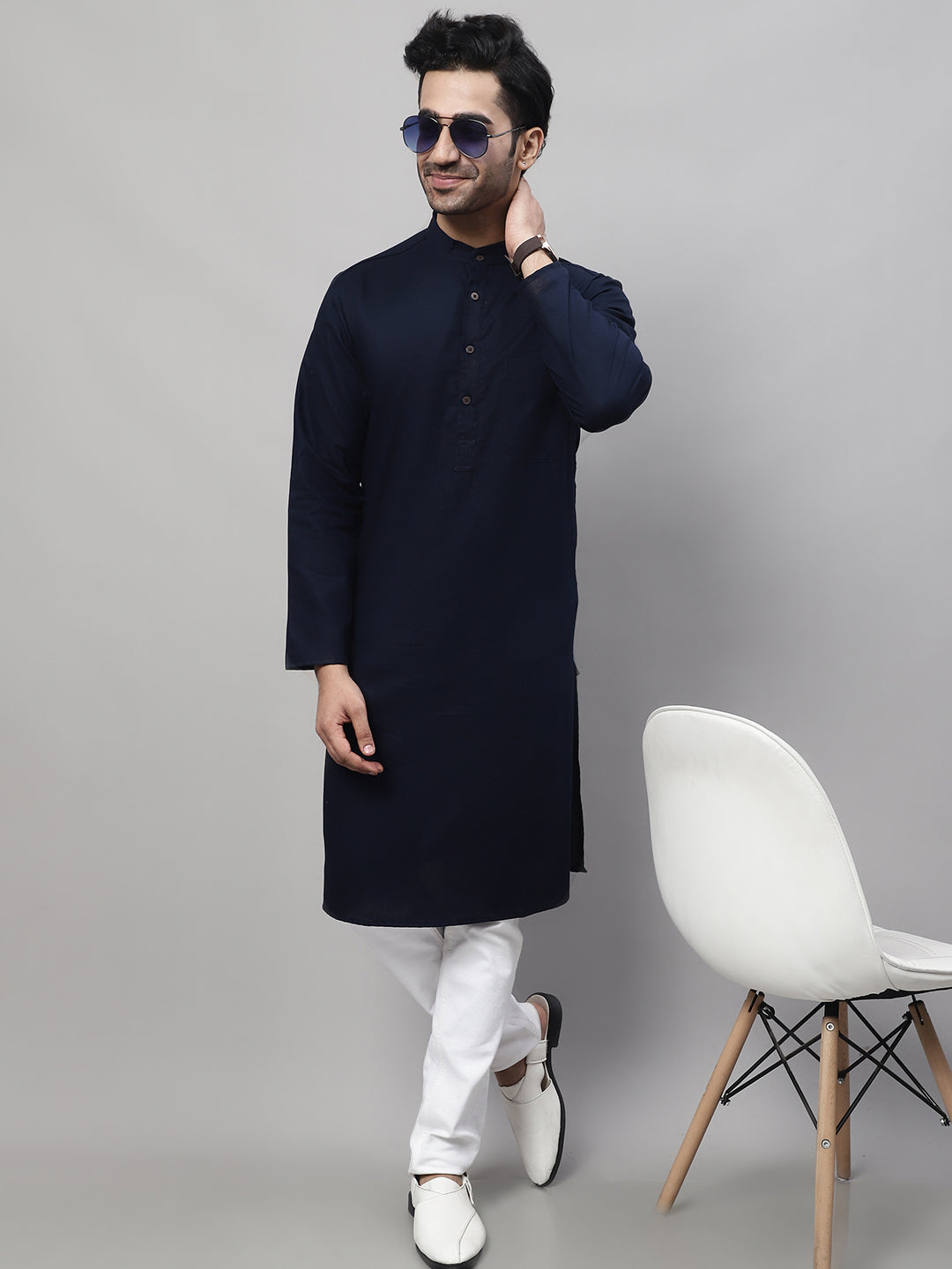 Even Apparels Blue Pure Cotton Kurta With Band Collar - Distacart