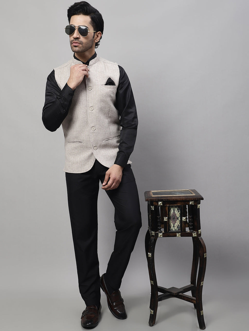 Even Apparels Men's Beige Pure Wool Nehru Jacket