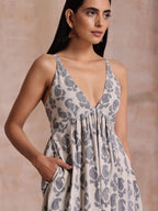 trueBrowns Grey Dabu Buta Print Cotton Sleeveless Dress - Distacart