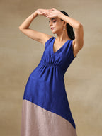 trueBrowns Blue and Grey Textured Silk Sleeveless Round Hemline Kurta Pant Set | Relove