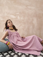 InWeave Dull Pink Linen Round Pleat Bow Dress - Distacart