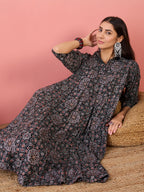 InWeave Black Maroon Ajrakh Foil Collar Flared Dress - Distacart