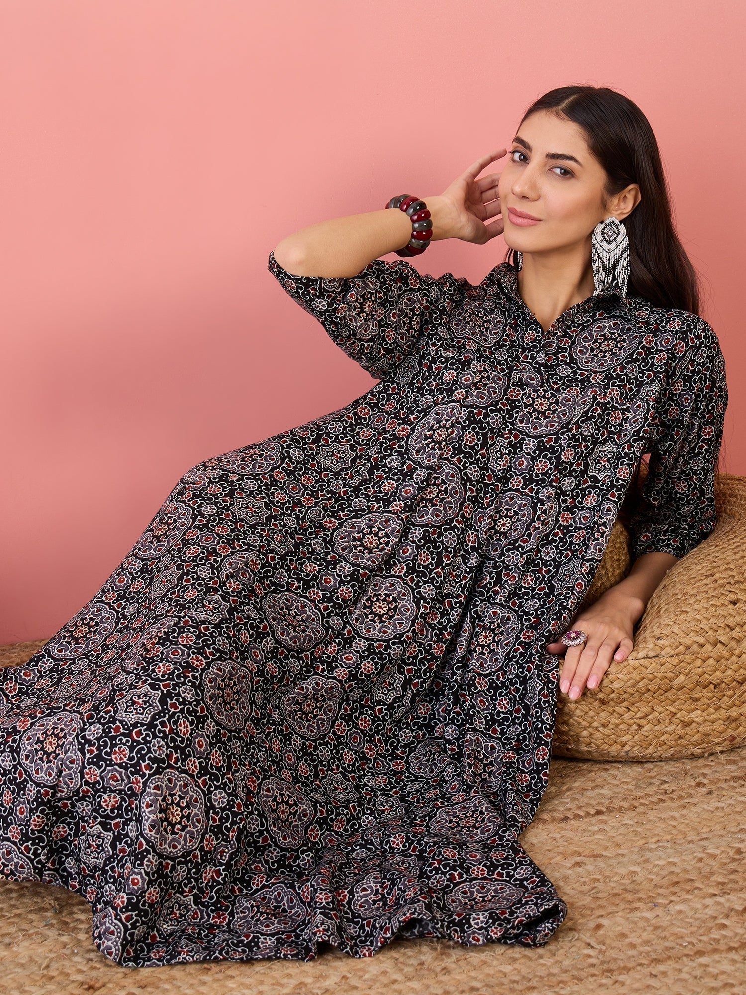 InWeave Black Maroon Ajrakh Foil Collar Flared Dress - Distacart