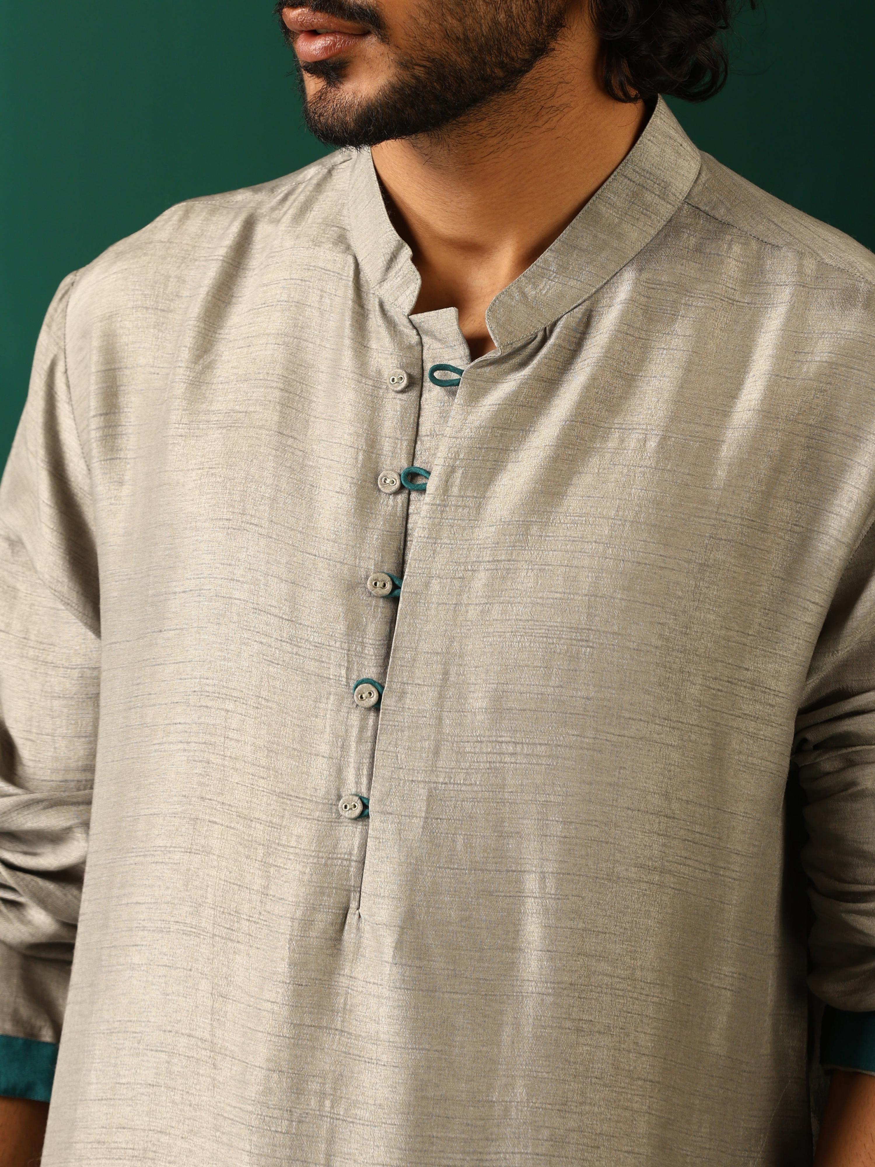trueBrowns Men's Grey Silk Long Kurta