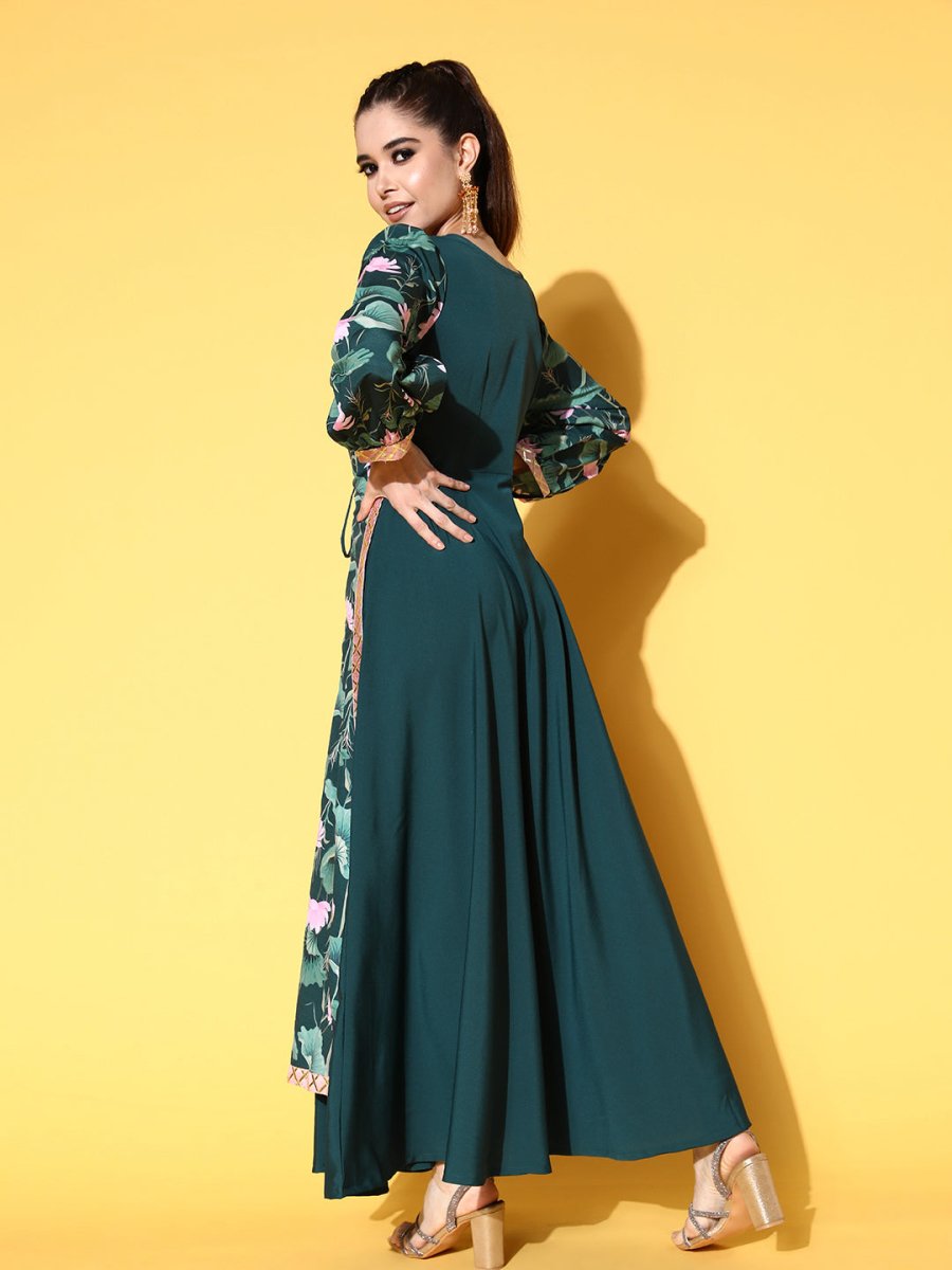 Ahalyaa Green Crepe Puff Sleeves Floral Printed Maxi Ethnic Dress with Waist Tie-Ups - Distacart