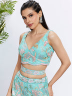 House of Panchhi Turquoise Blue Chiffon Sequins And Thread Embroidery Lehenga Choli & Printed Dupatta