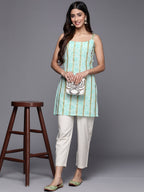 Ahalyaa Striped Floral Printed Shoulder Straps Crepe Tunic