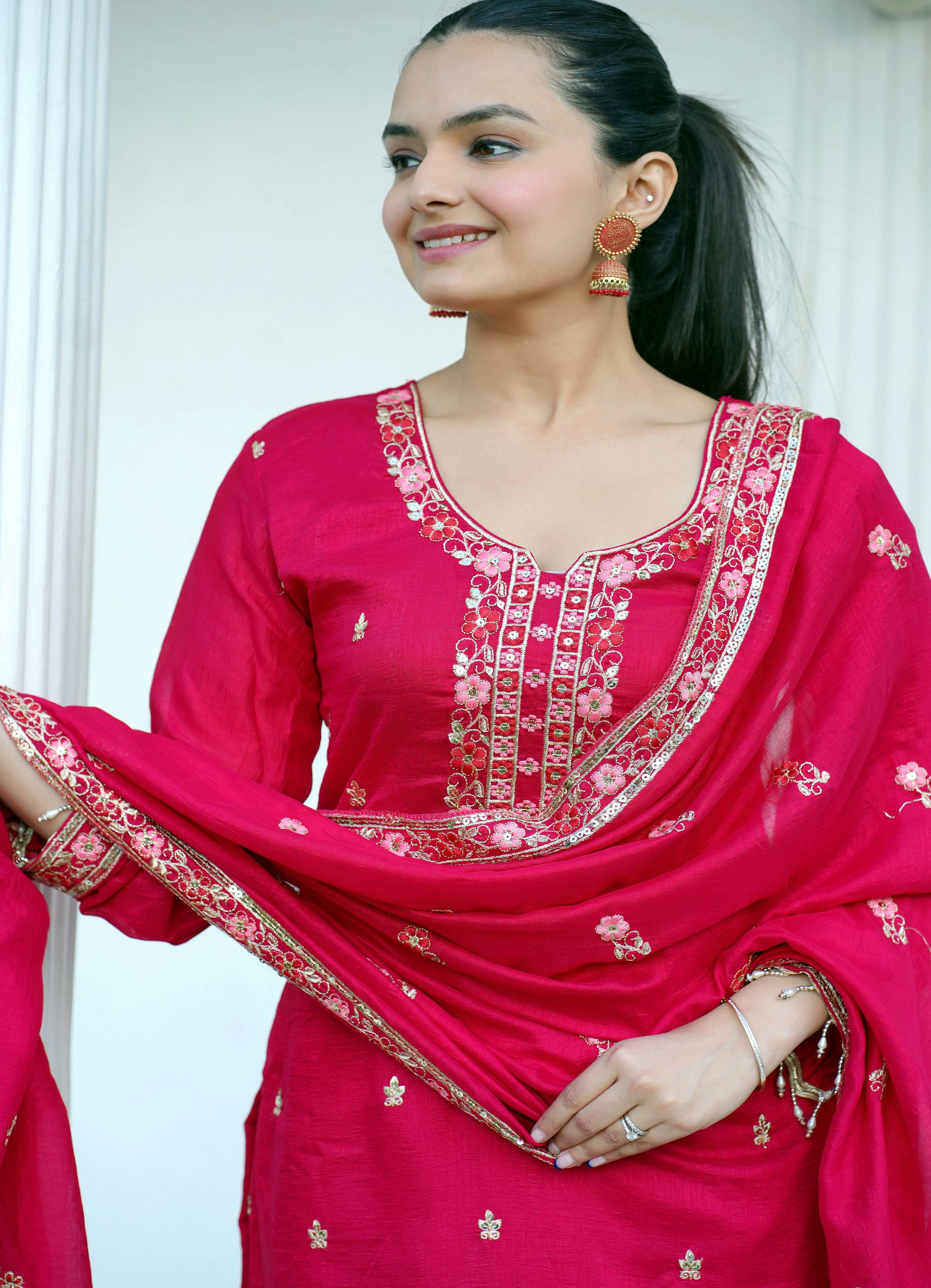 Yash Enterprise Pink Vichitra Silk Party Wear Embroidery Suit Set - Distacart