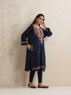 trueBrowns Blue Kashmiri Floral Embroidered Woollen Phiran Kurta - Distacart