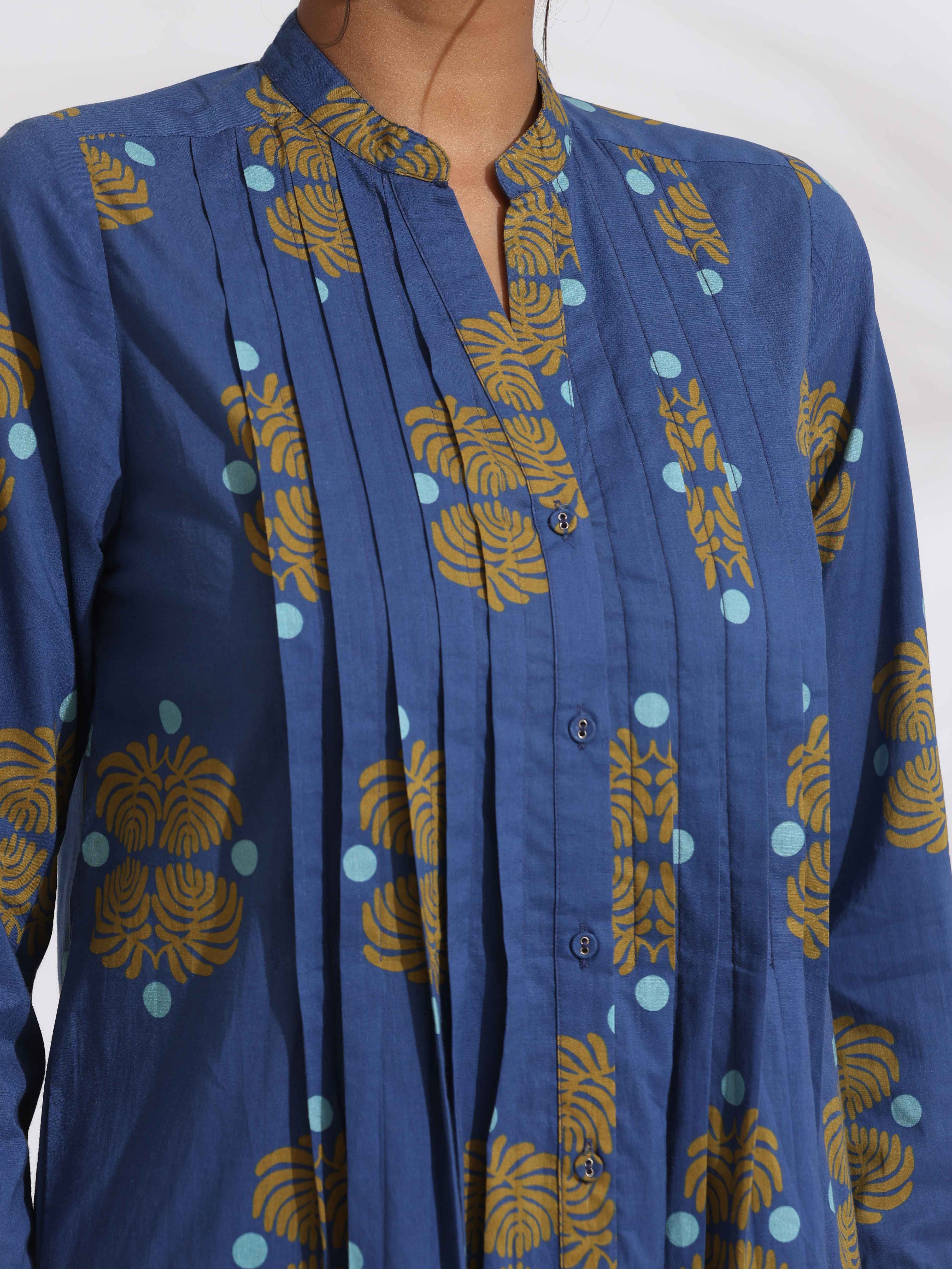 trueBrowns Blue Cotton Print Pleated Kurta Set - Distacart