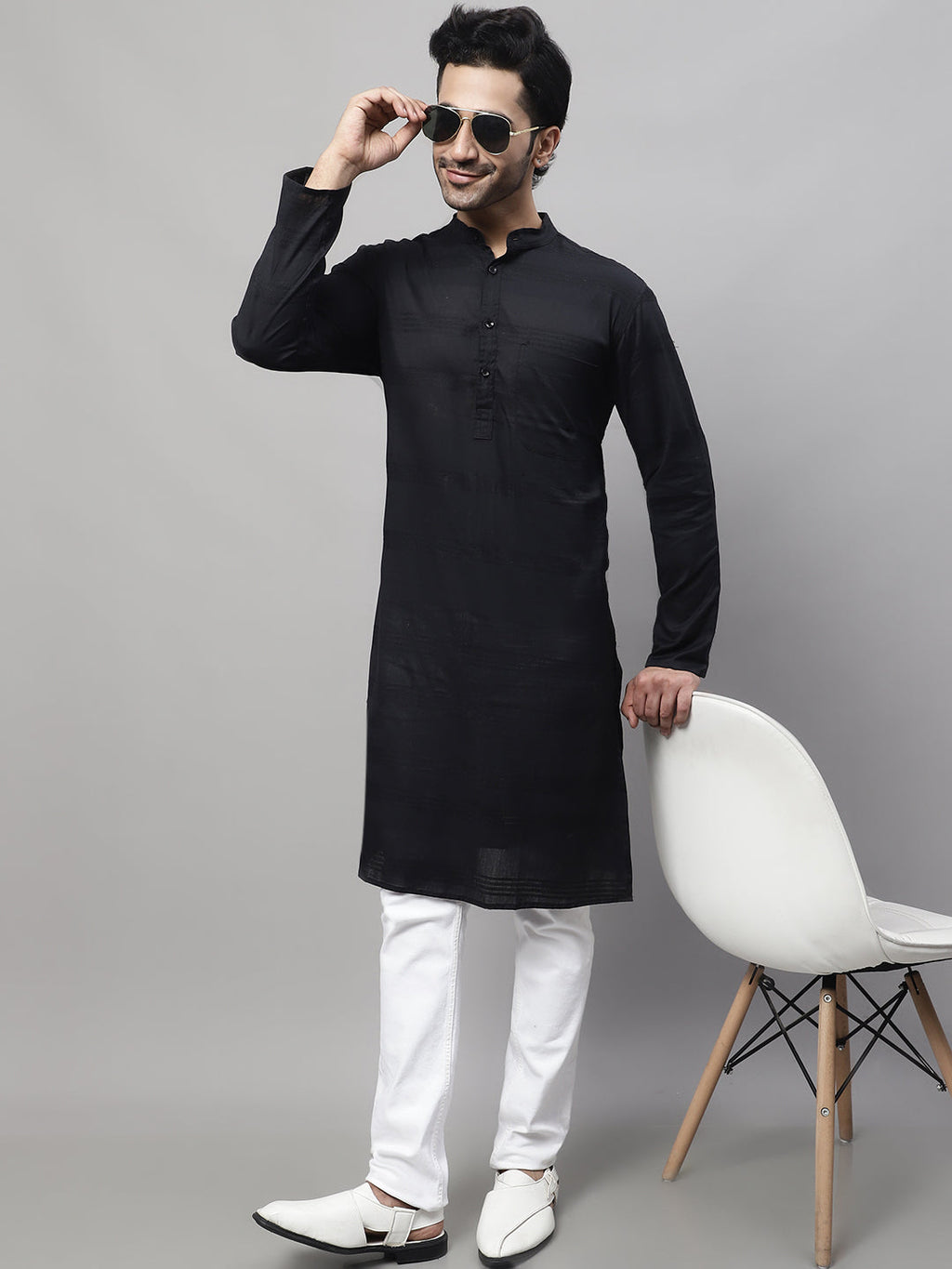 Even Apparels Black Pure Cotton Kurta With Band Collar