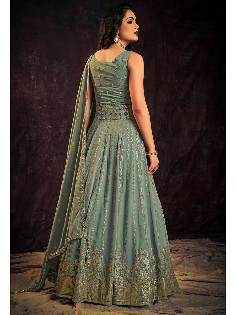 Myra Olive Real Georgette Designer Gown Style Suit - Distacart