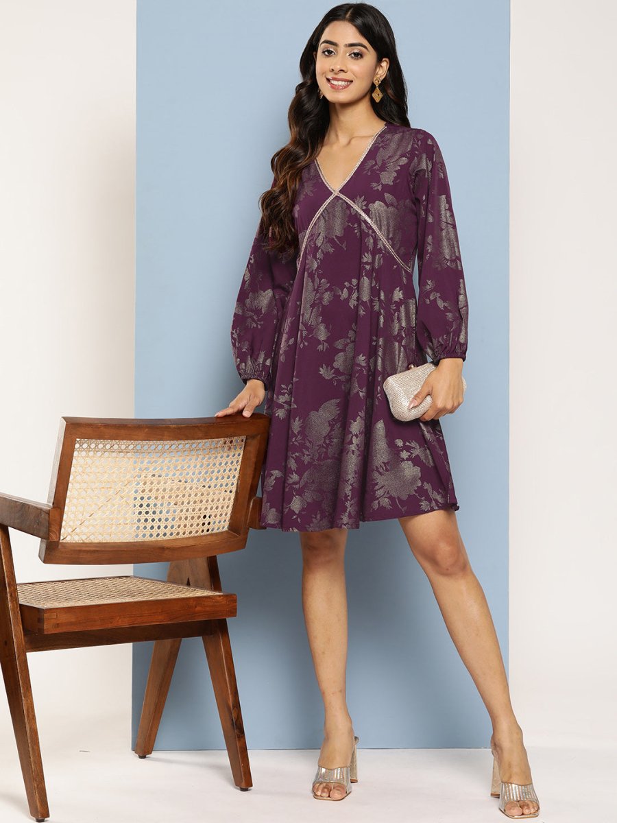 Ahalyaa Floral Print Puff Sleeves Empire Crepe Ethnic Dress - Distacart
