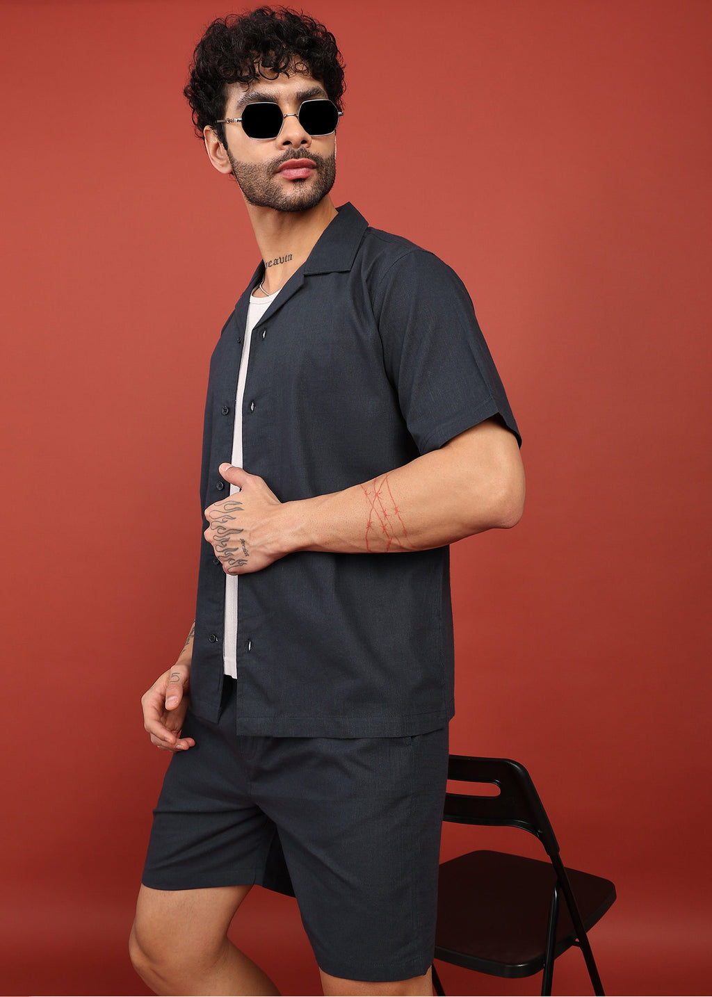Fabmade Midnight Black Cuban Collar Co-Ord Set