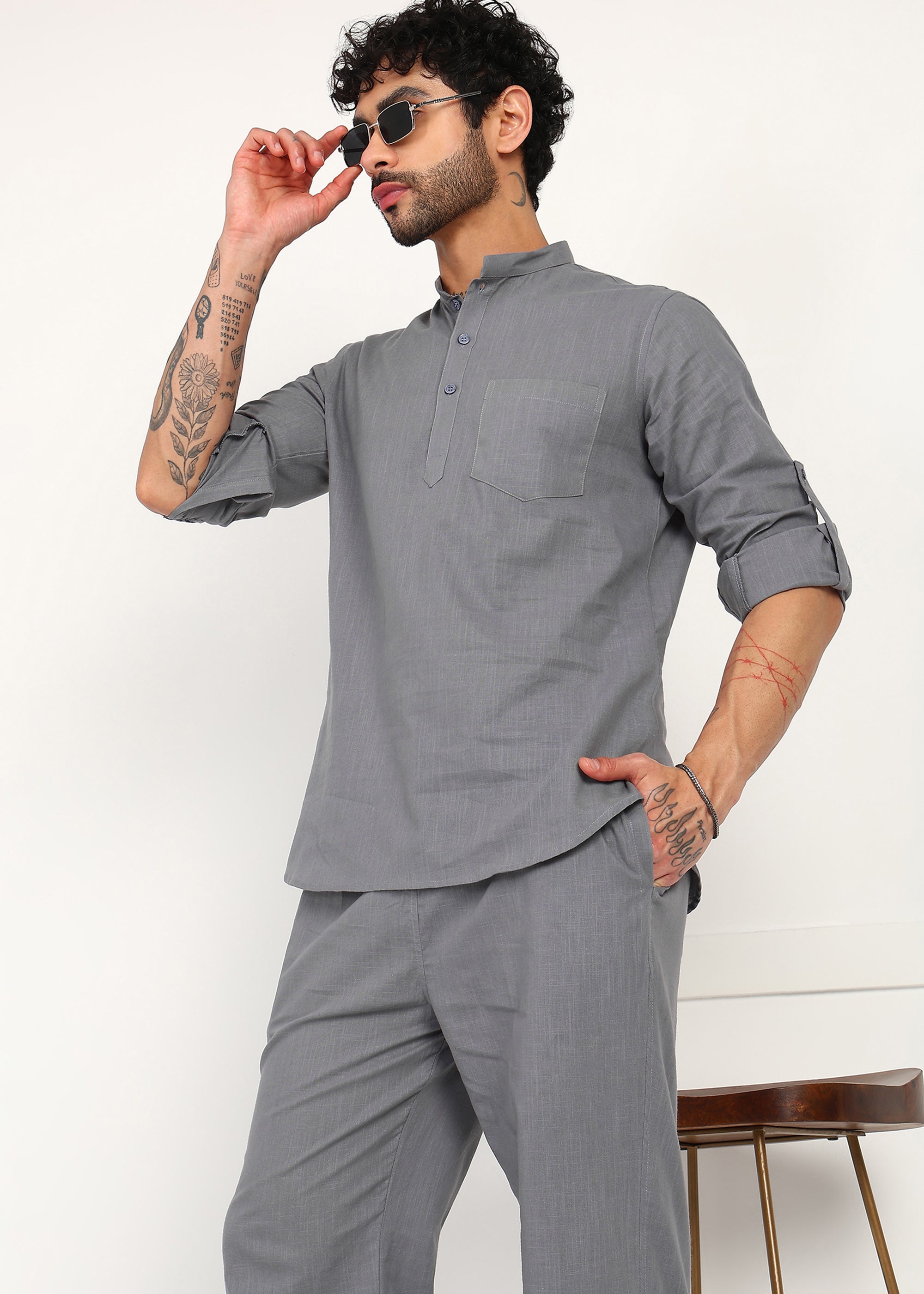 Fabmade Slate Grey Linen Short Kurta Co-Ord Set