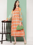 Ahalyaa Checked Tie-Up Neck Sequined Ethnic A-Line Midi Dress - Distacart