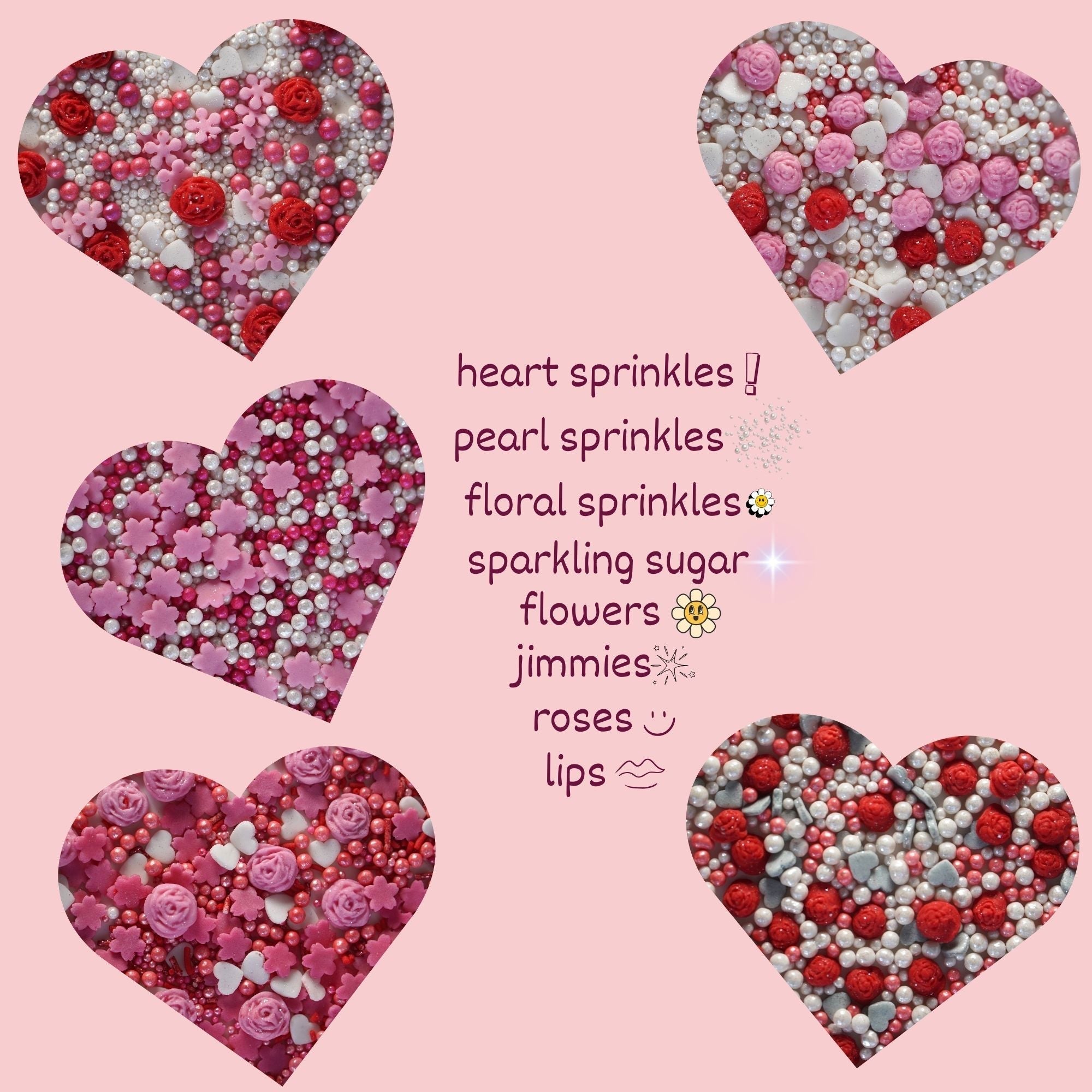 confect pink mini roses lips i silver hearts vermcelli and white pearls sprinkles for baking cake decorative baby shower sprinkles edible sprinkles mix pack of 5