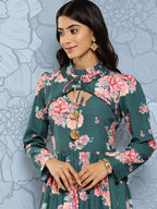 Ahalyaa Floral Print Puff Sleeves Tie-Up Neck Crepe Ethnic Gown With Cut-Out Detail - Distacart