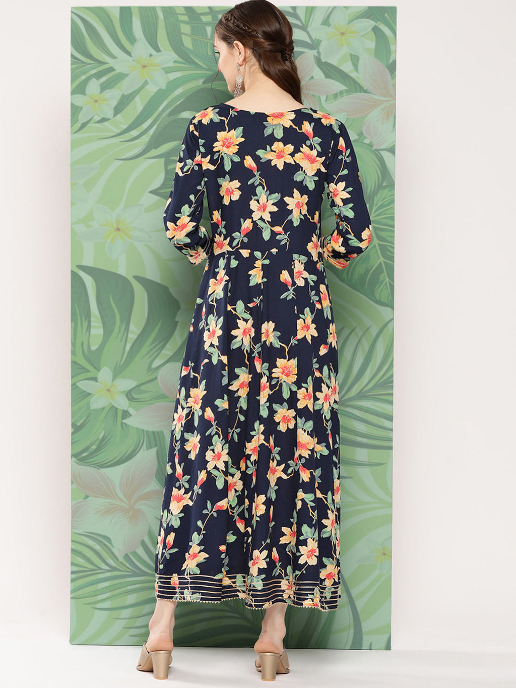 InWeave Women's Black Tropical Print Gota Long Dress - Distacart