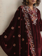 trueBrowns Maroon Velvet Floral Embroidered Kurta Pant Dupatta Set - Distacart