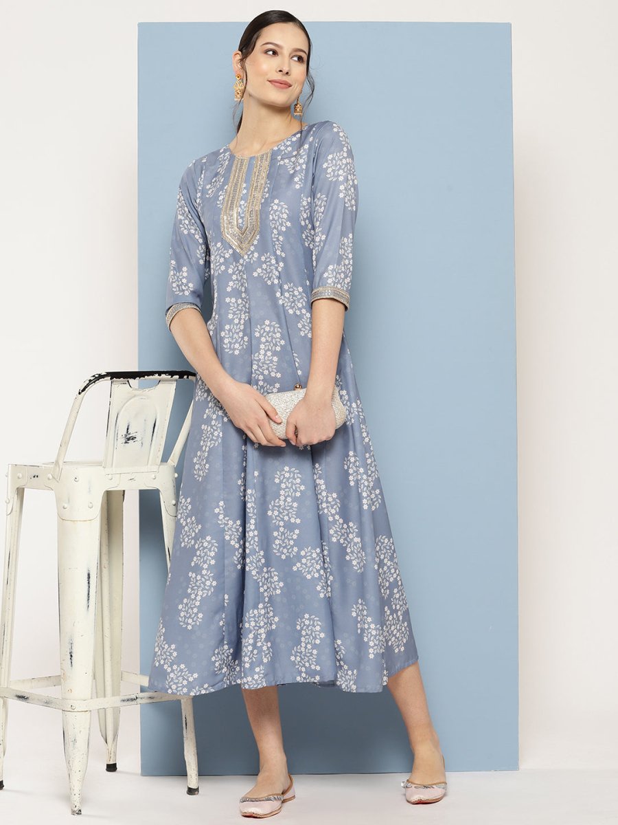 Ahalyaa Floral Printed Midi A-Line Ethnic Dress - Distacart