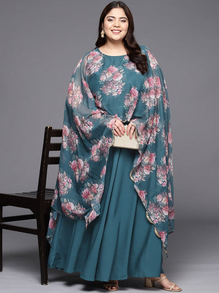 Ahalyaa Plus Size Boat Neck Maxi Ethnic Dress