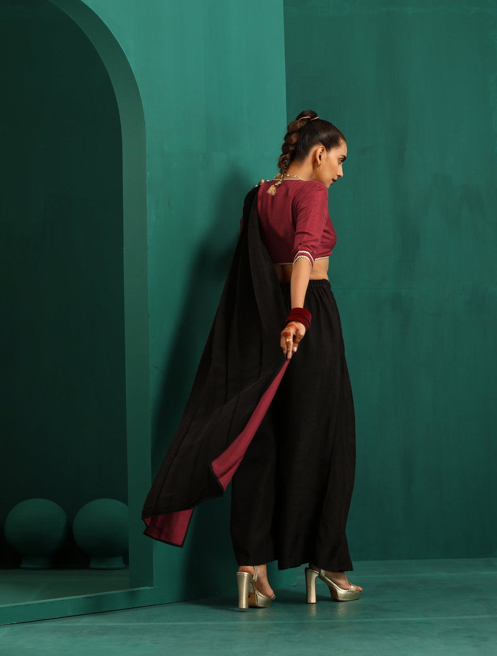 trueBrowns Black Silk Palazzo Stitched Saree