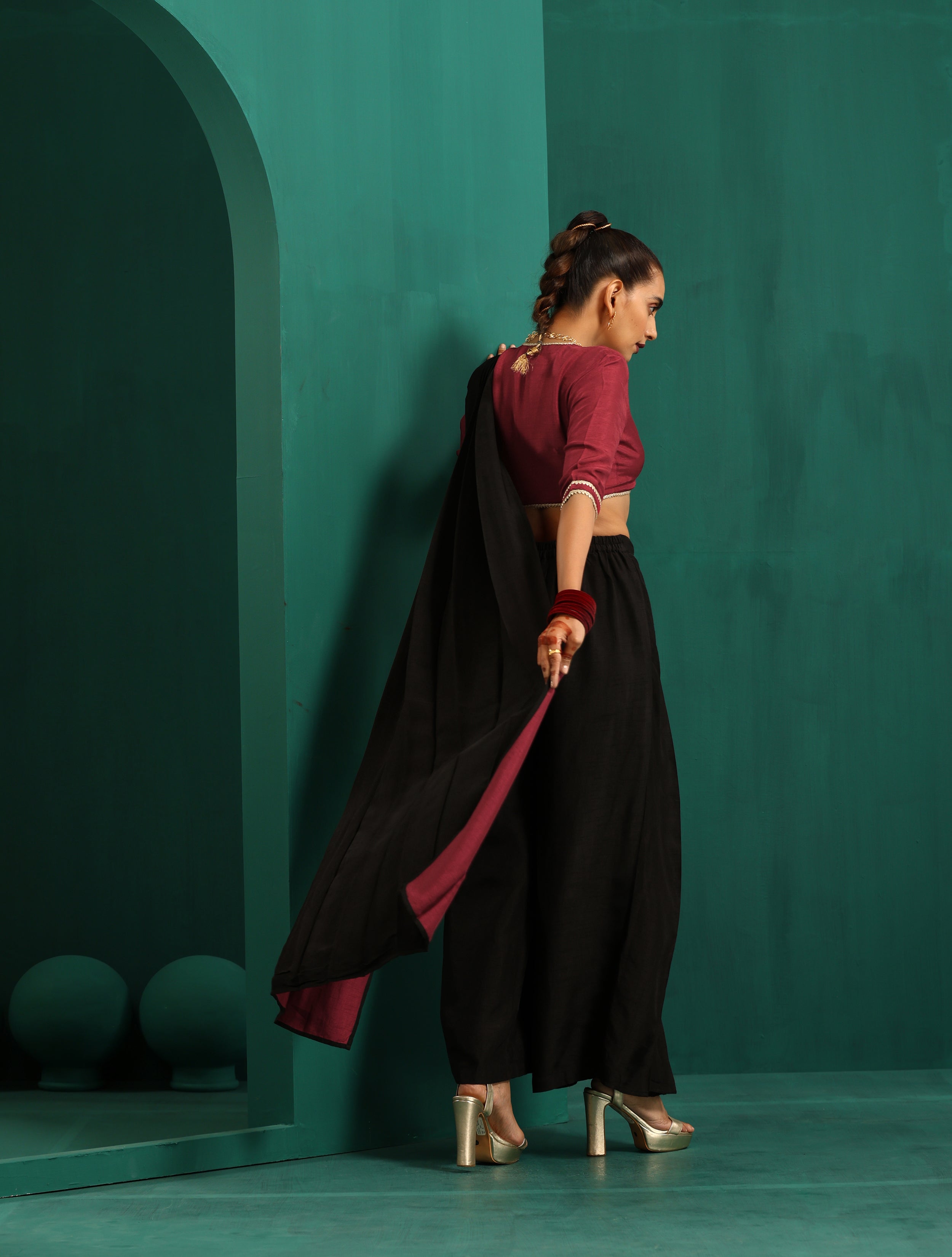 trueBrowns Black Silk Palazzo Stitched Saree