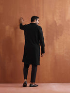 trueBrowns Men's Black Textured Cotton Dobby Front Open Kurta