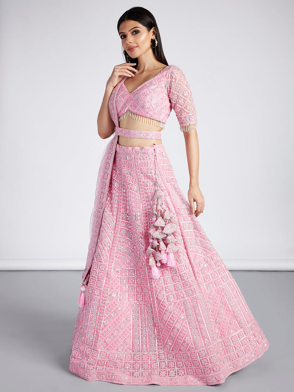 House of Panchhi Pink Net Sequins, Zarkan And Thread Embroidery Lehenga Choli & Dupatta