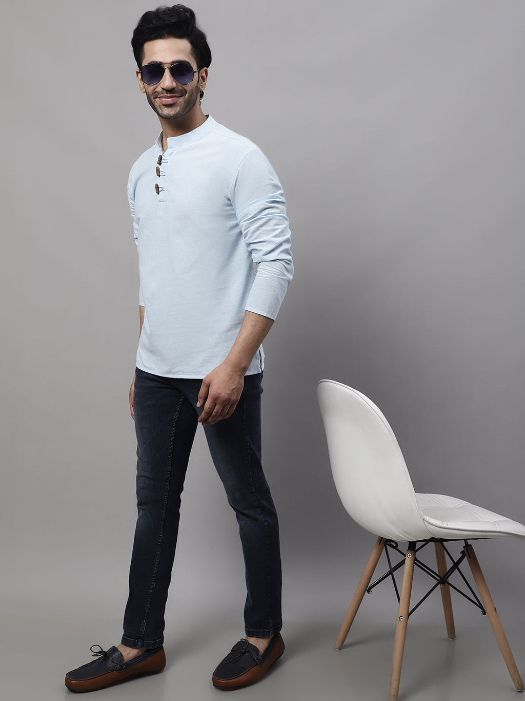 Even Apparels Blue Pure Cotton Kurta With Band Collar - Distacart