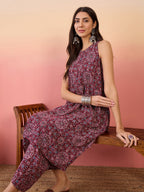 InWeave Maroon Navy Ajrakh Foil Round Neck Kurta Pant Set