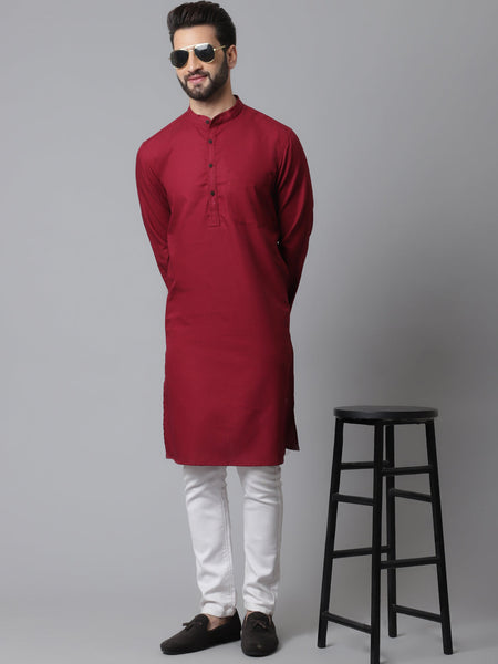 Even Apparels Maroon Pure Cotton Kurta With Band Collar