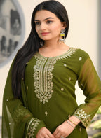 Teeya Creation Mehndi Color Faux Georgette Silk Heavy Embroidery Work Fully Stitched Salwar Suit