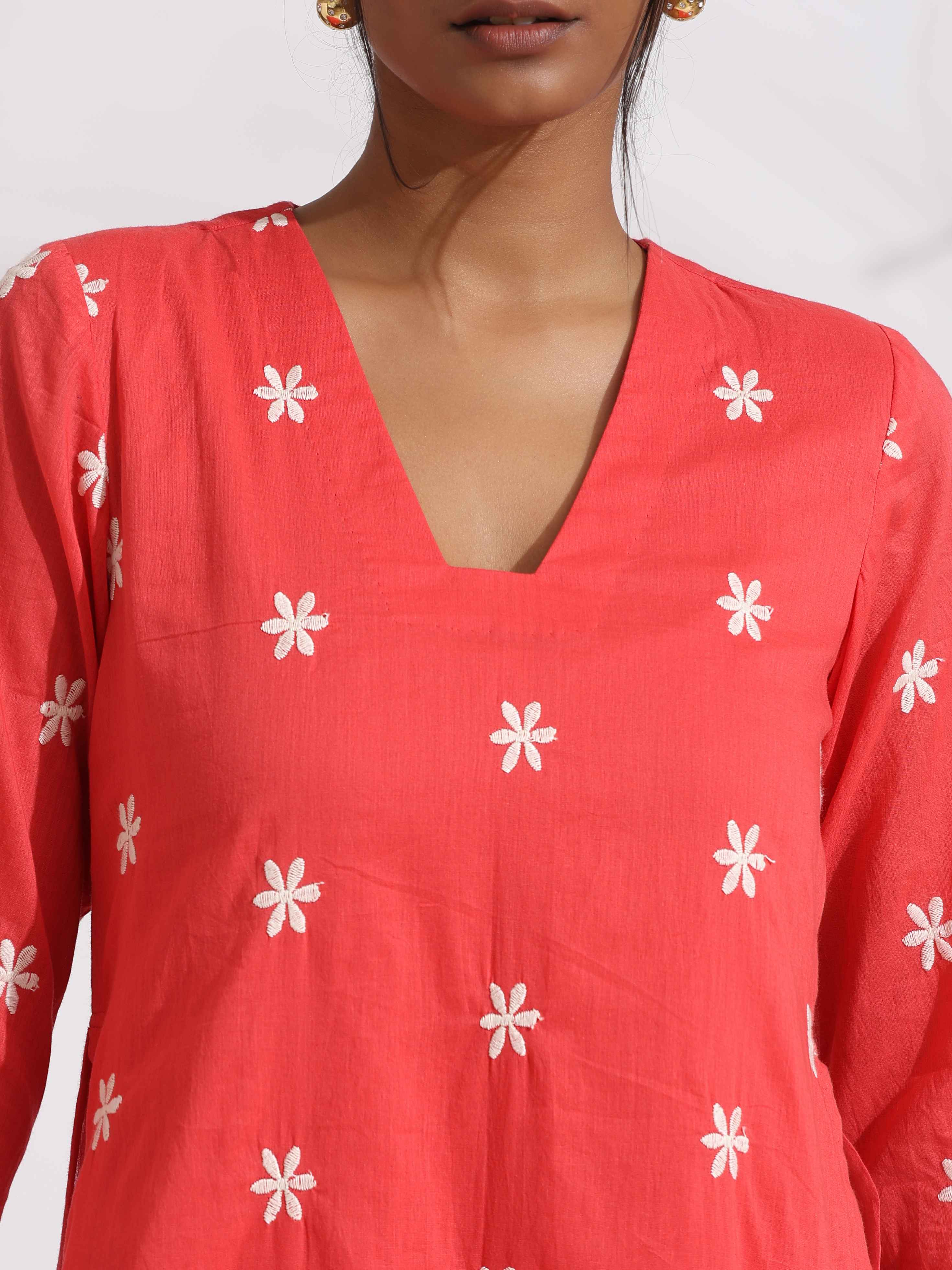 trueBrowns Orange Cotton Floral Embroidered Kurta Set - Distacart