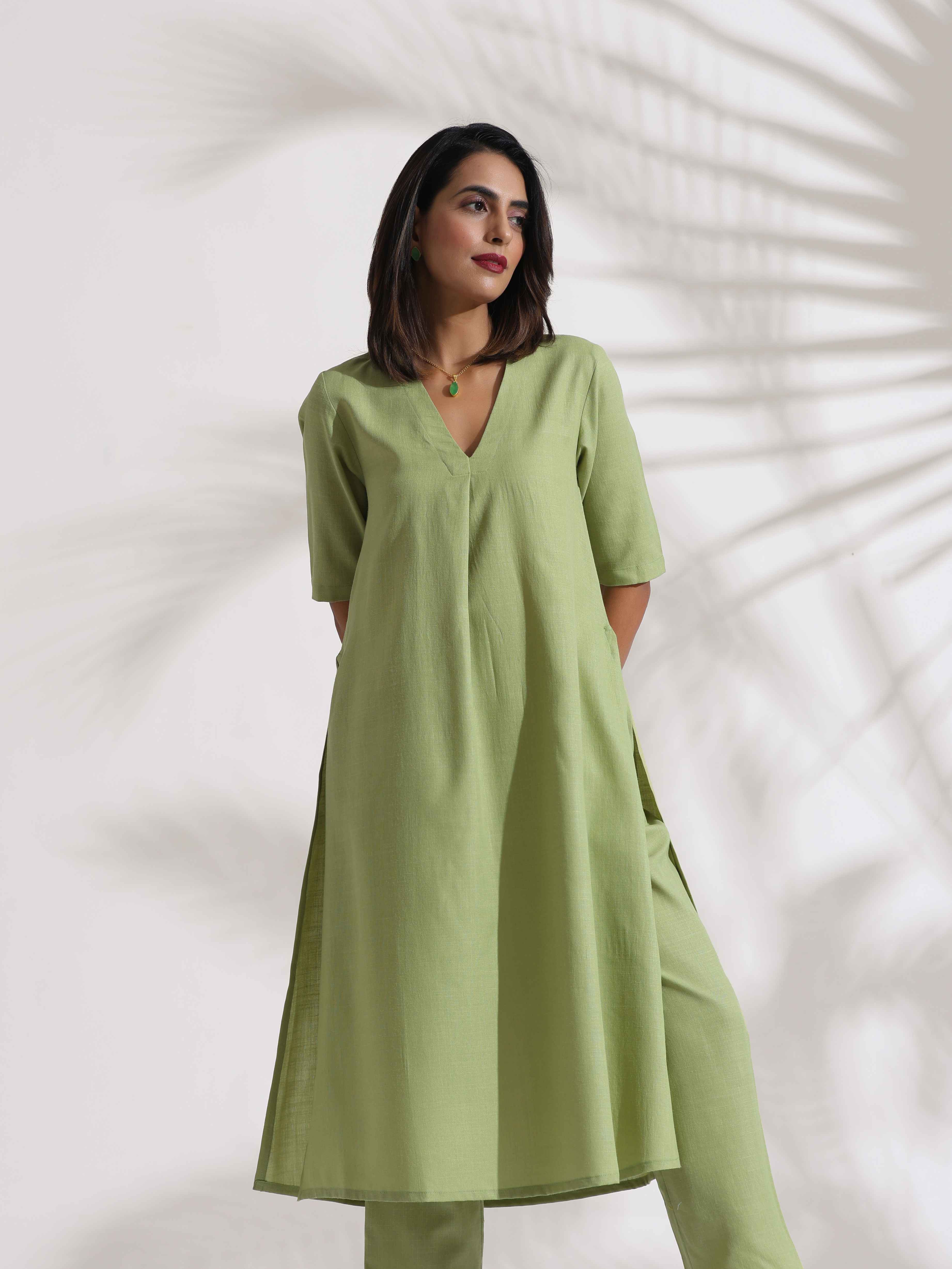 trueBrowns Green Slub Kurta Set - Distacart