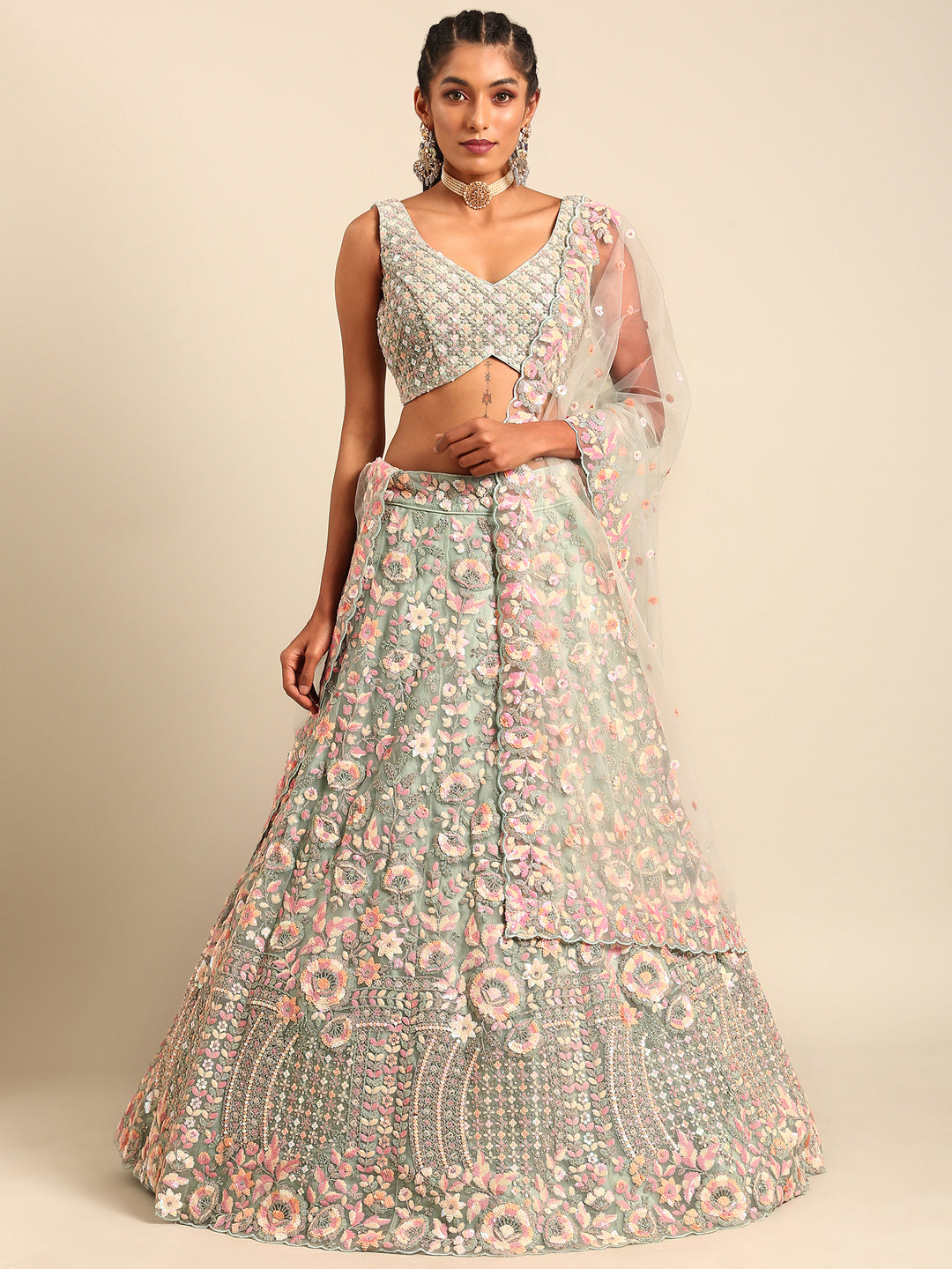 House of Panchhi Sea green Net Multi Sequins with heavy Zarkan embroidery Lehenga choli & Dupatta
