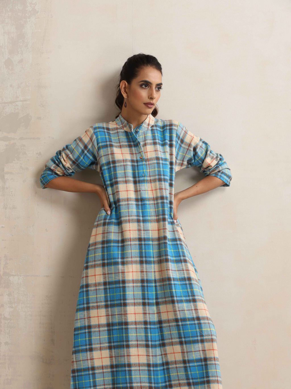 trueBrowns Beige Check Flared Winter Dress - Distacart