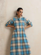 trueBrowns Beige Check Flared Winter Dress - Distacart