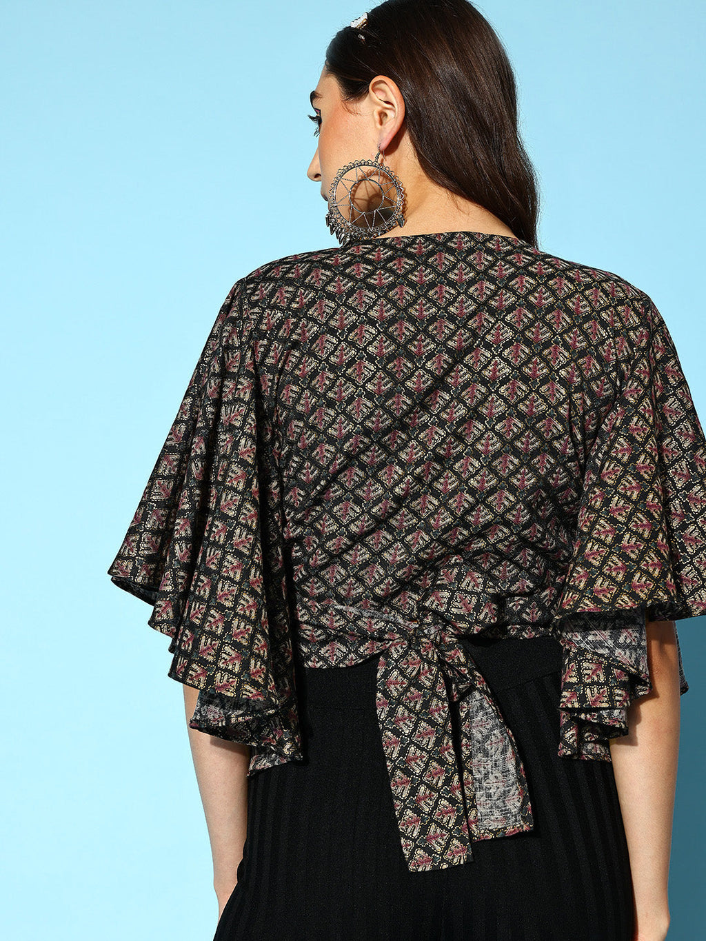 InWeave Women's Black Foil Print Bell Sleeves Top