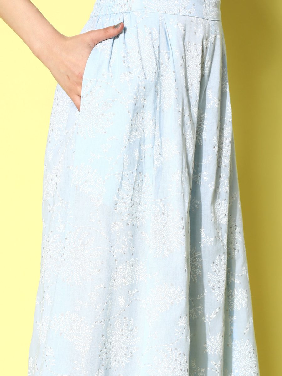 Ahalyaa Women Off White & Blue Floral Printed Flared Ethnic Palazzos