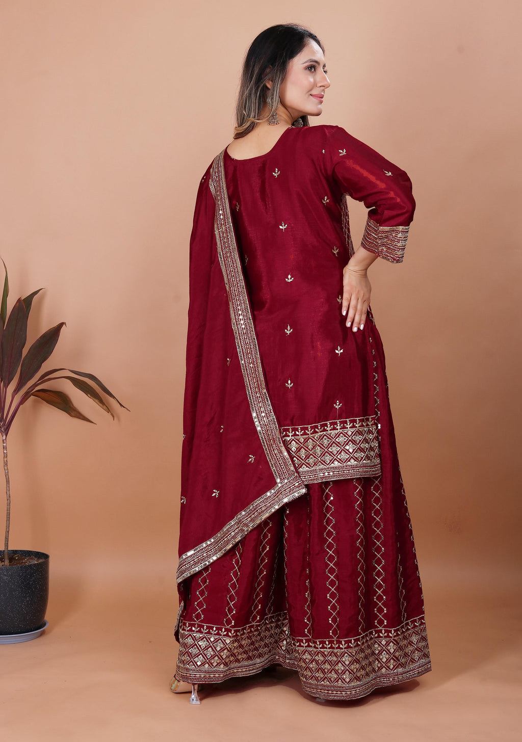 Yash Enterprise Maroon Chinon Silk Party Wear Embroidery Suit Set - Distacart