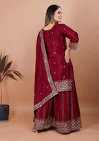 Yash Enterprise Maroon Chinon Silk Party Wear Embroidery Suit Set - Distacart