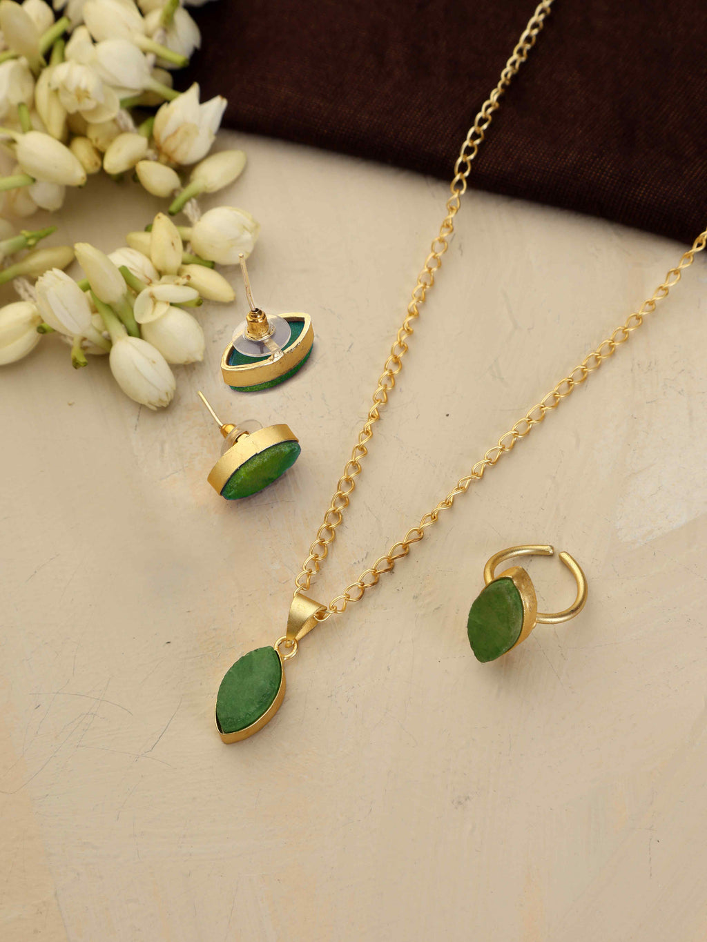 trueBrowns Gold Tone Green Stone Pendant Set