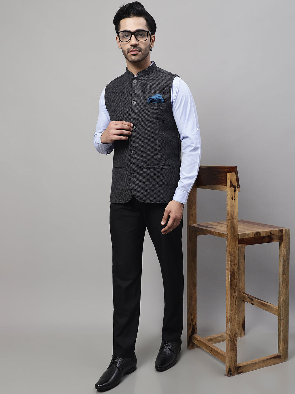 Even Apparels Men's Grey Pure Wool Nehru Jacket