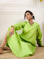 InWeave Neon Green Shawl Neck Long Side Pleat Dress - Distacart