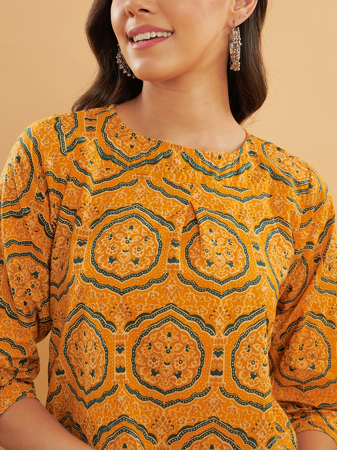 InWeave Women's Haldi Yellow Mughal Kalamkari Top