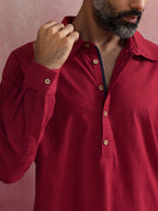 trueBrowns Men's Maroon Cotton Shirt Collar Stylized Kurta